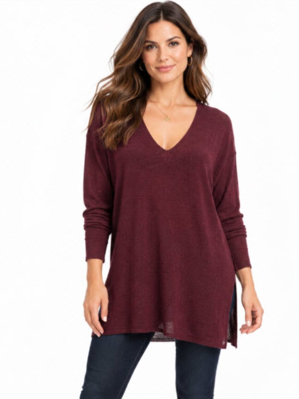 Babaton Deep Burgundy Wool Linen V-Neck Relaxed Sweater Tunic S Dark Academia